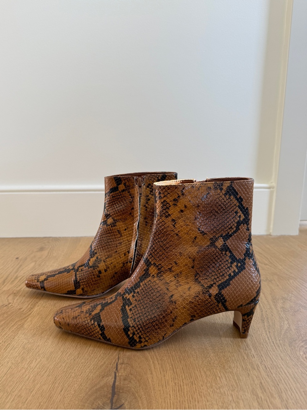 STAUD Brown Snake-Print Pointed Ankle Boots